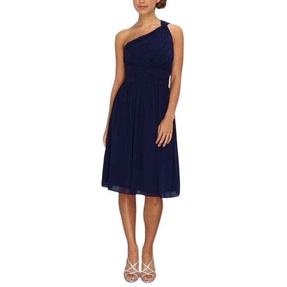 Donna Morgan Navy Blue Rhea One Shoulder Dress Womens Size 4 Pleated Knee Length - Picture 1 of 8
